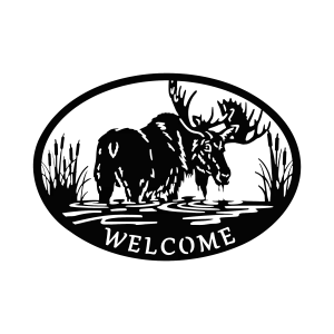 A black, laser-cut steel wall sign featuring a moose standing in water, surrounded by cattails within an oval frame. The word 'Welcome' is cut out below the moose. The intricate details of the moose and cattails are highlighted by the precision of the cut, creating a rustic and nature-inspired look suitable for home or cabin decor.